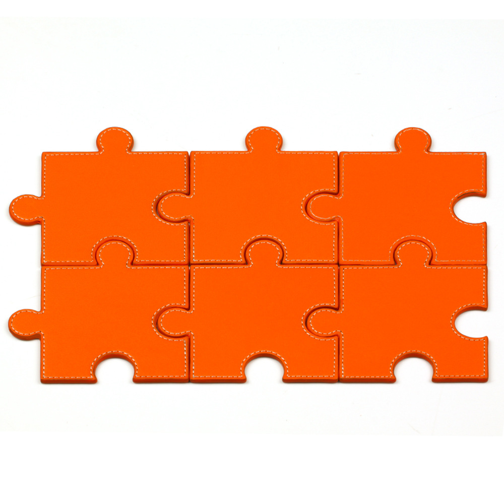 橙色不规则形拼图款pu皮质杯垫 精美皮革咖啡垫6片装