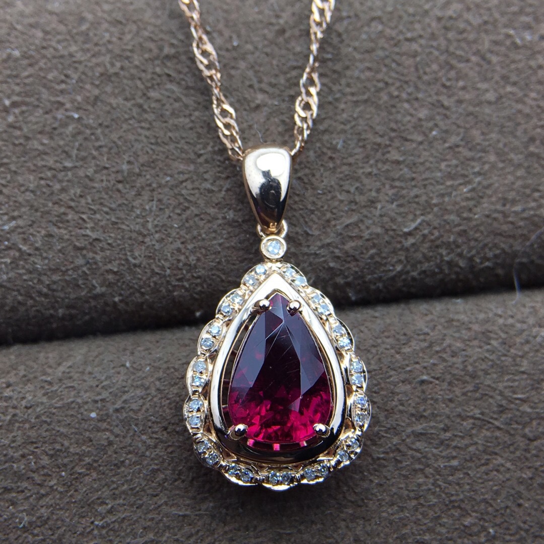 正品 天然鸽血红碧玺吊坠水滴形 18k(玫瑰)金彩色宝石项链礼物