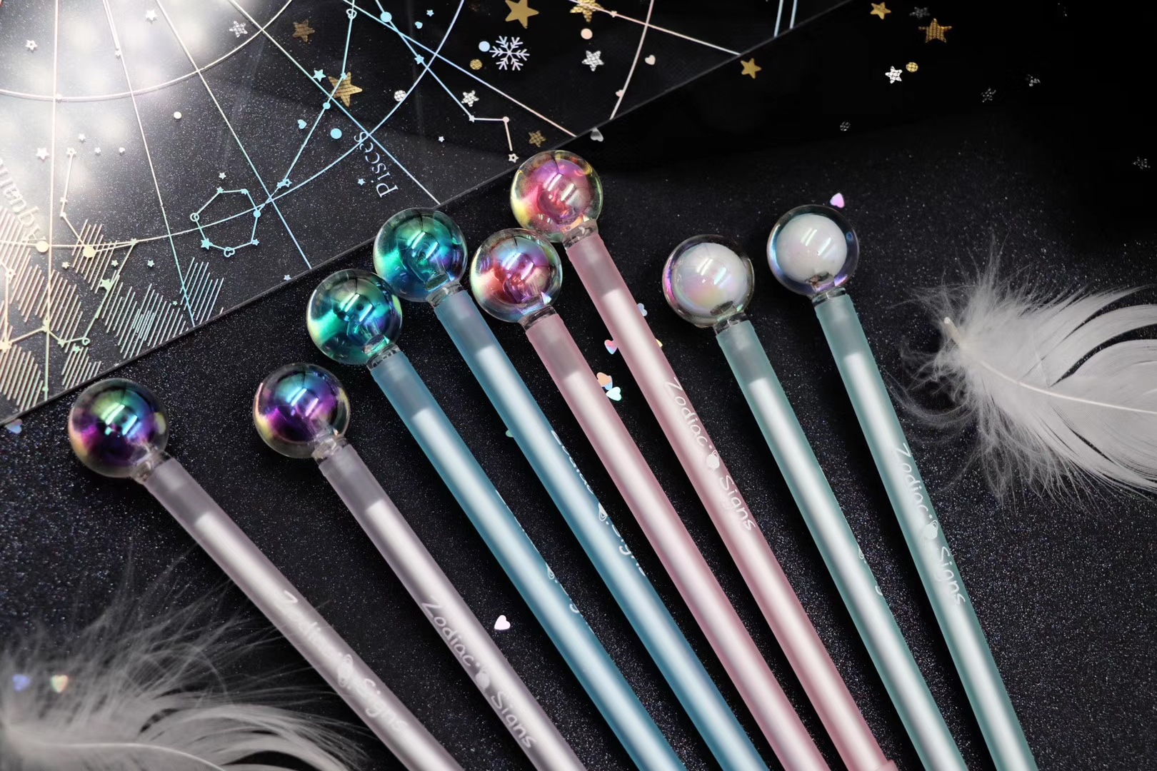 可奇7060十二星座水晶球中性笔炫彩镭射星球签字笔学生速干水笔批