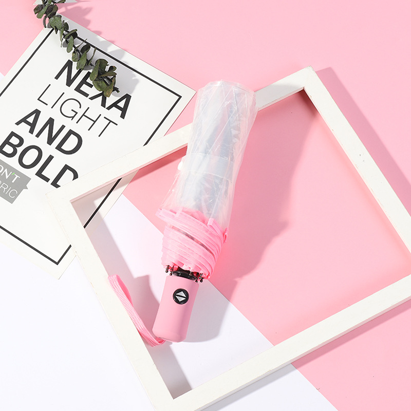 Full-Automatic Transparent Umbrella Folding Tri-Fold Color Handle Small Fresh Female Printable Logo White PVC Factory Direct Sales