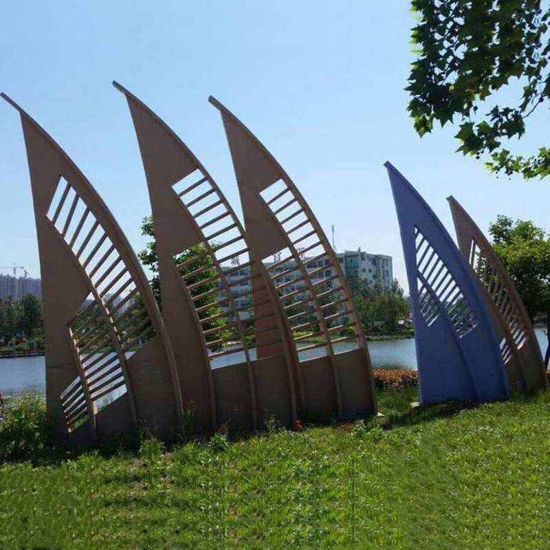 定制不锈钢流水船雕塑户外金属帆船喷泉造型售楼部景观金属摆件