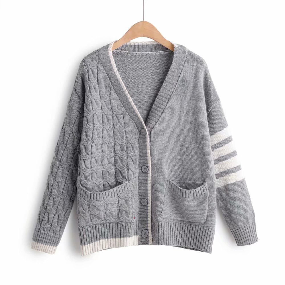 外贸女装欧美快时尚v领麻花编织拼接针织开衫毛衣外套上衣女秋冬