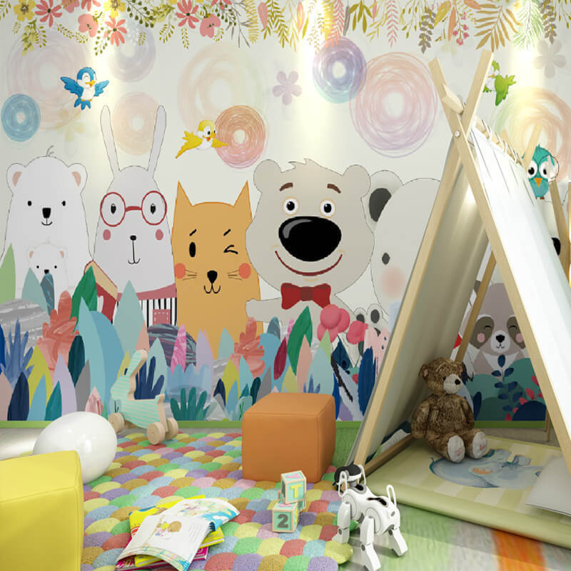创意手绘3d卡通墙布个性动物儿童房壁纸卧室背景墙壁画游乐园墙纸