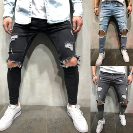   European and American Men's Jeans New Ripped Slim-Fitting Men's Clothing Trousers Exclusive for Cross-Border European Station Men's Skinny Pants