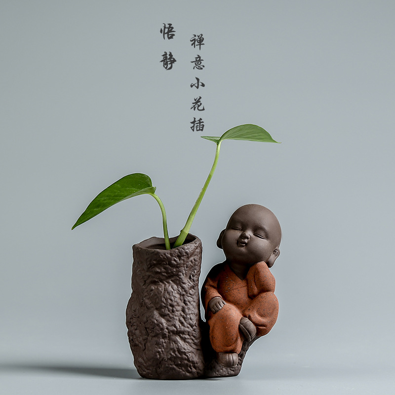 茶宠可养创意紫砂小和尚禅意摆件精品茶盘花器茶道具配件水培花瓶