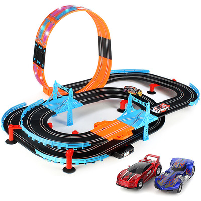 电动轨道车火车小汽车套装男孩遥控电动轨道车拼装双人赛道玩具车