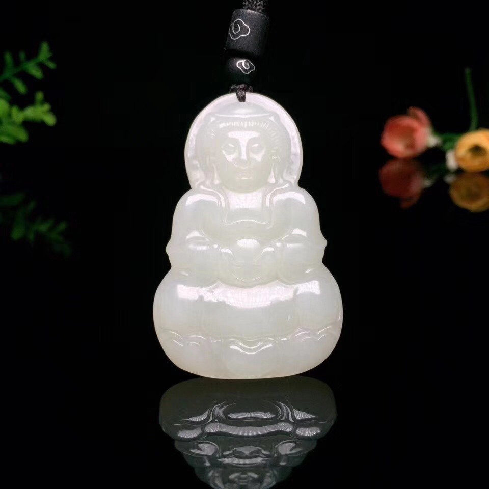 和田玉净瓶观音男款吊坠和田白玉观世音菩萨玉坠送证书