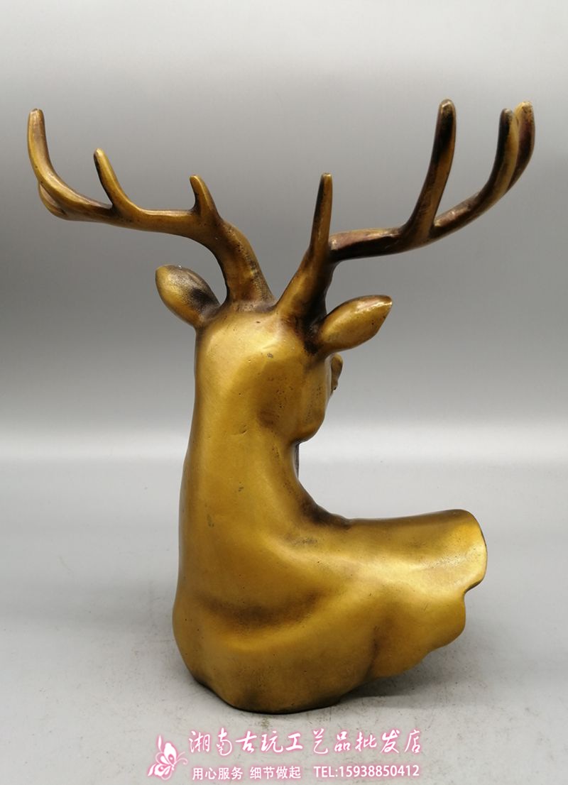 古玩收藏 仿古纯铜铜器 老铜包浆 实心黄铜鹿头摆件 工艺精湛