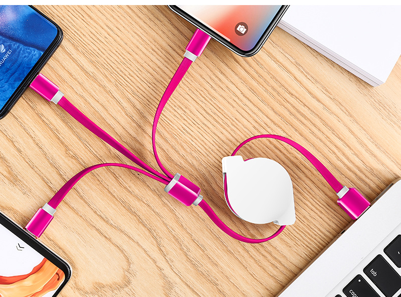 手机伸缩数据线三拖一充电线可定制logo开业宣传安卓type-c小礼品