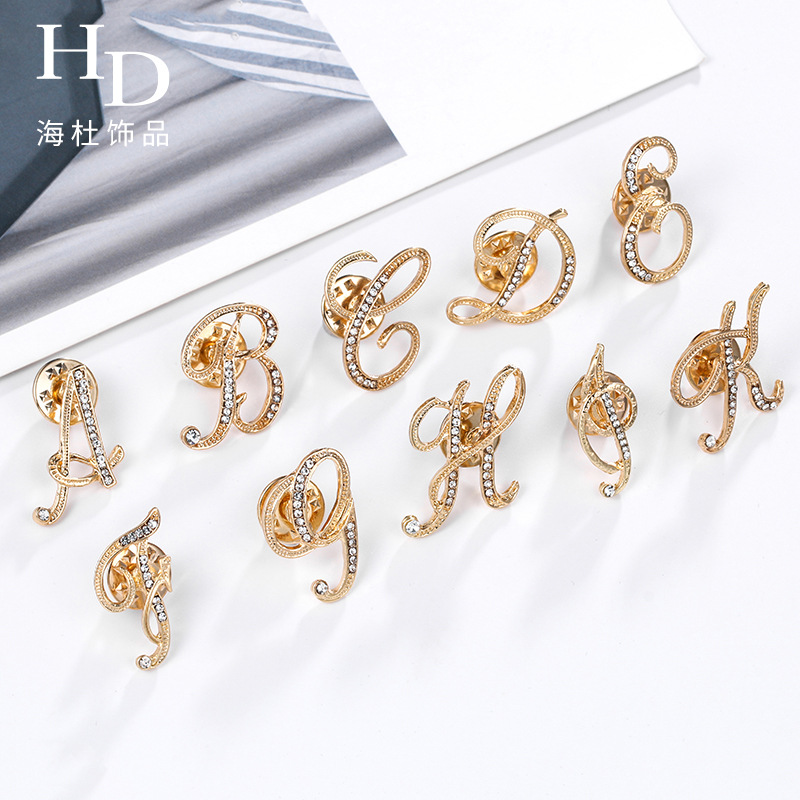 New Letter Brooch Clothing Accessories English Anti-Exposure Artifact Small Titanium Pin Rhinestone-Encrusted Collar Pin Female Brooch