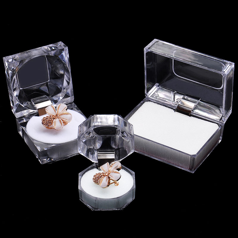 现货特价4*4透明亚克力耳钉戒指盒防尘塞包装首饰盒子八角水晶盒
