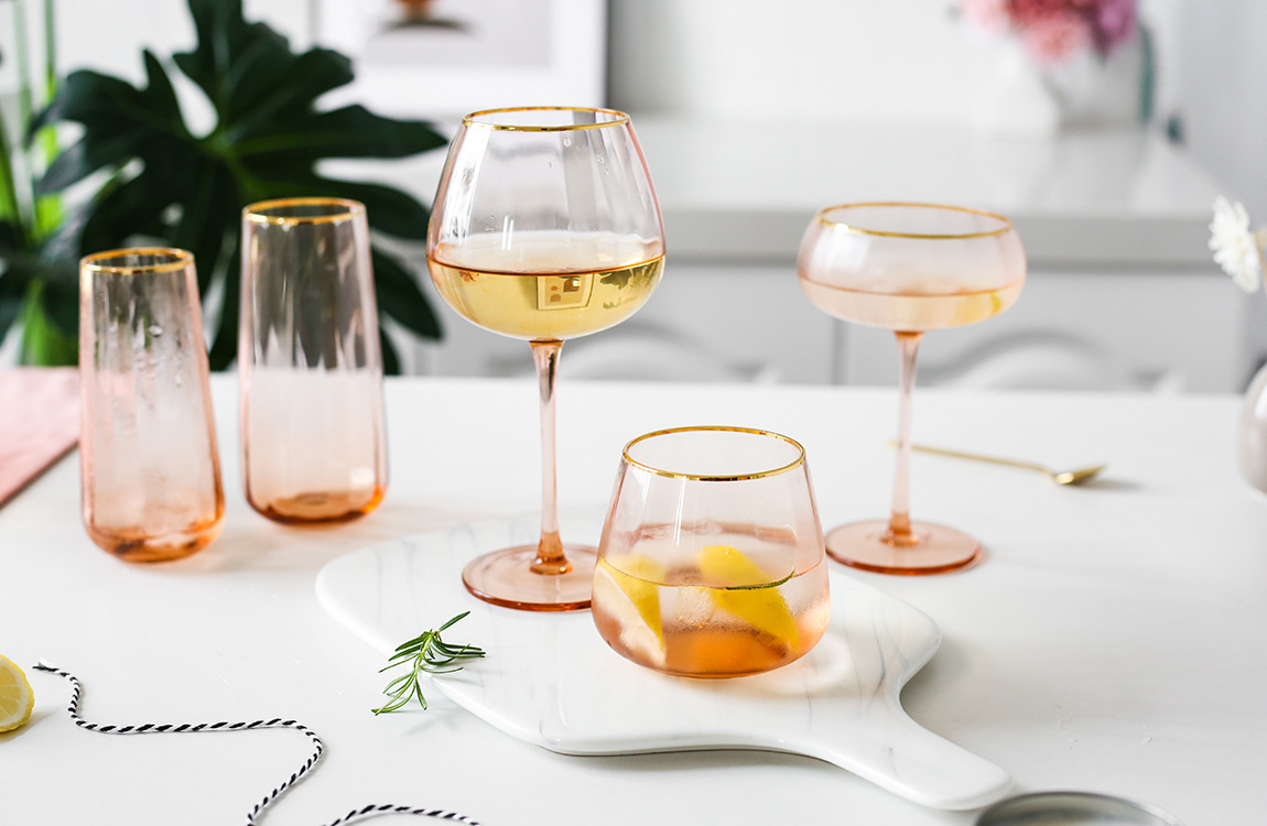 绿典 轻奢香槟色描金网红玻璃杯 珊瑚色红酒杯日用香槟杯高脚杯