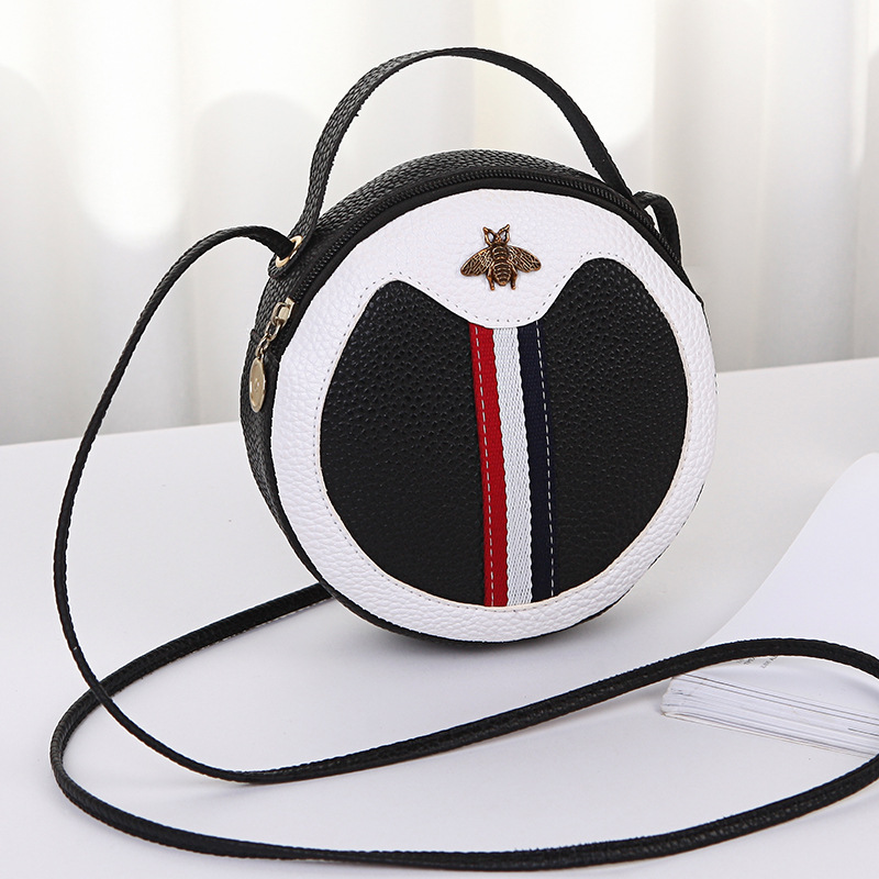 Fashion Color Contrast Ribbon Small round Bag 2022 Stitching Bee Shoulder Bag Portable Messenger Bag Personalized Mini Small Bag