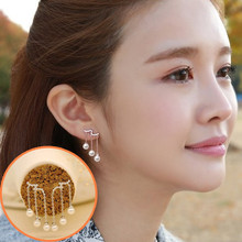 韩国明星刘仁娜同款 珍珠耳夹女耳环水滴流苏长款锆石耳坠耳饰