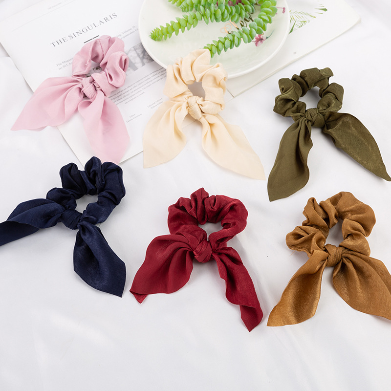 Europe and America Cross Border Bowknot Hair Ring Knotted Large Intestine Ring Solid Color Satin Rabbit Ears Top Cuft Ribbon Hairware