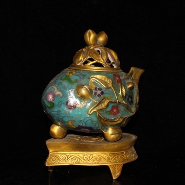 古玩杂项古董仿古坐旧物件景泰蓝鎏金桃子熏香炉摆件