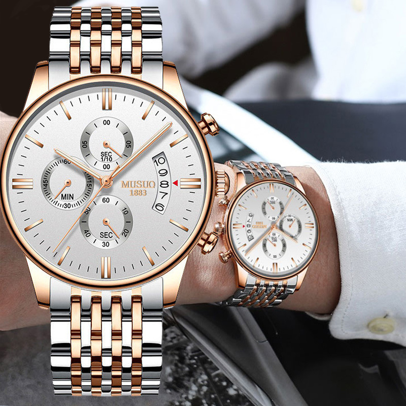 新款手表男士精钢三眼六针运动男士手表防水钢带日历石英手表