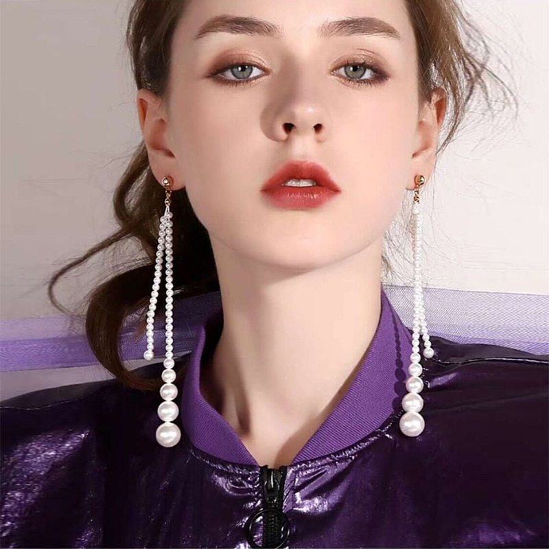 新款时尚韩版大小珍珠流苏吊式耳环女 长款气质耳饰品百搭耳坠