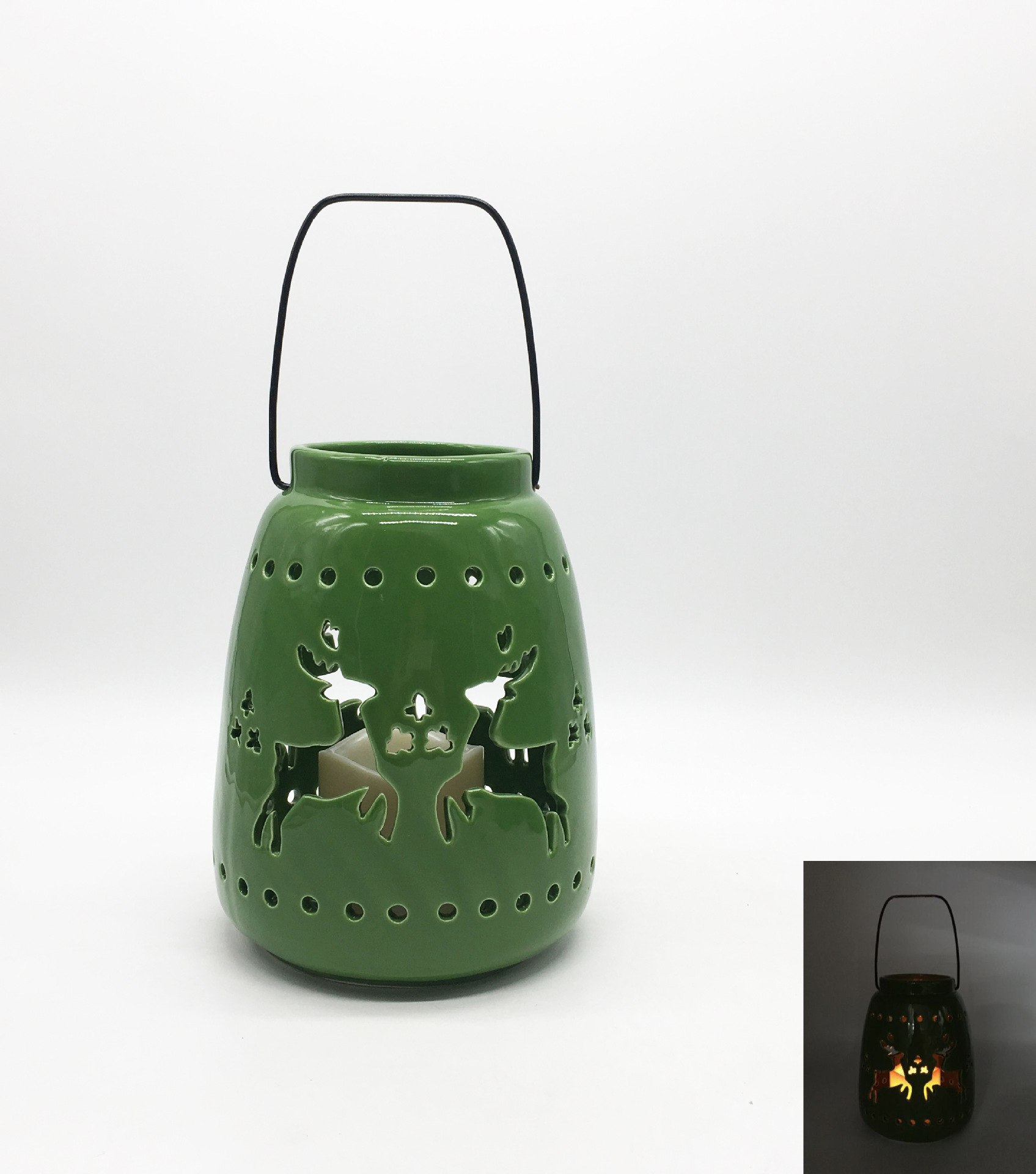 陶瓷圣诞风灯配led电子蜡烛新款圣诞手提灯个性马灯圣诞装饰品