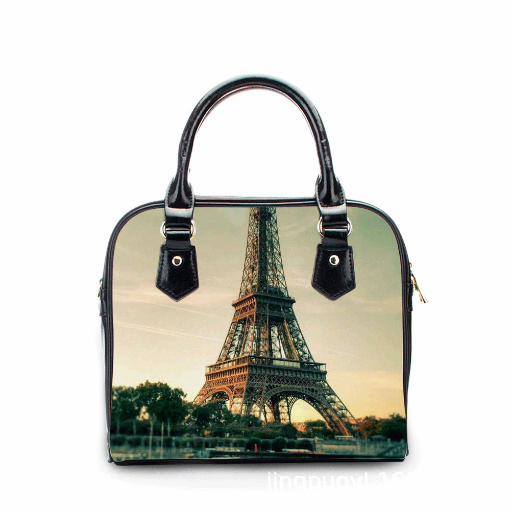 埃菲尔铁塔图案斜挎手提单肩包女时尚小方包印花pu女士包包bags