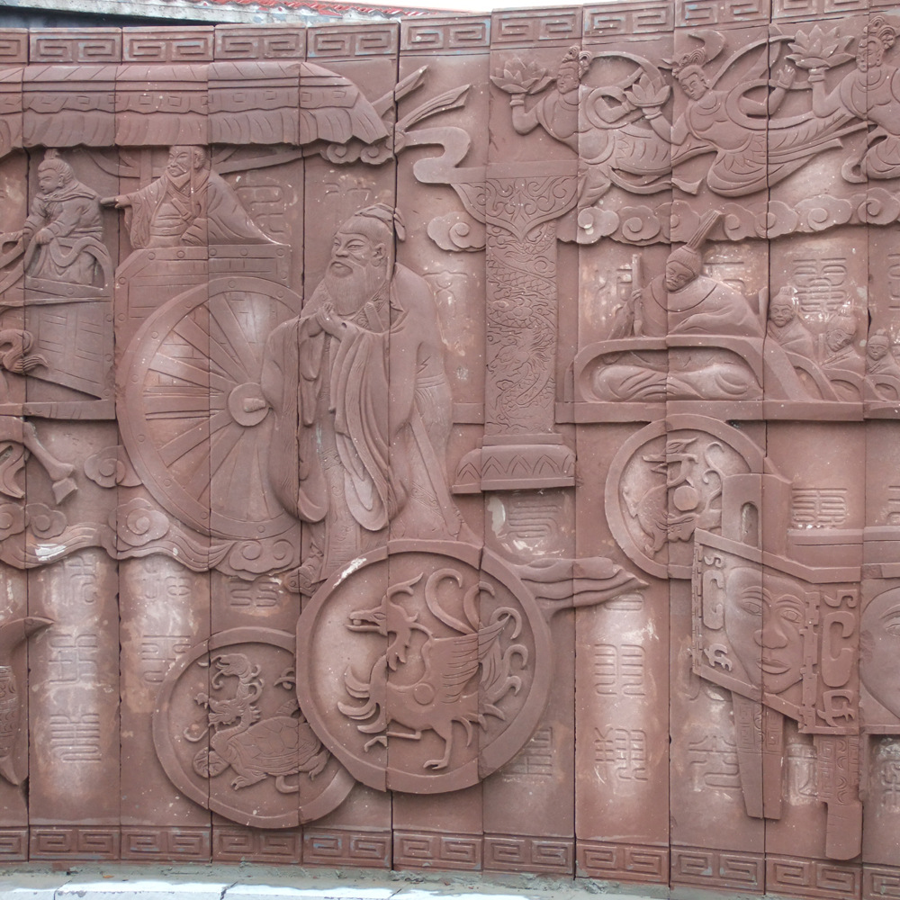 加工订做精美红砂岩人物浮雕孔子周游列国石雕壁画励志文化墙