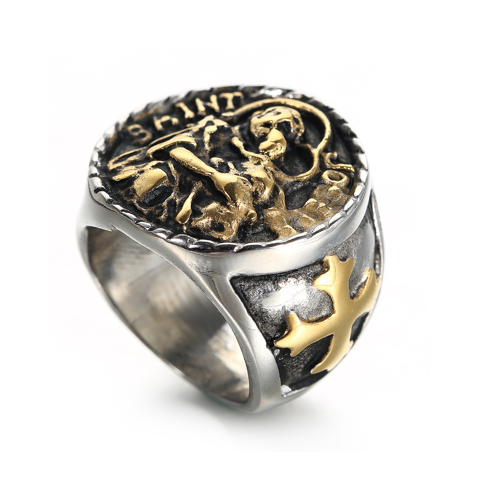 欧美跨境爆款配饰不锈钢圣徒戒指男saint joseph朋克风钛钢饰品