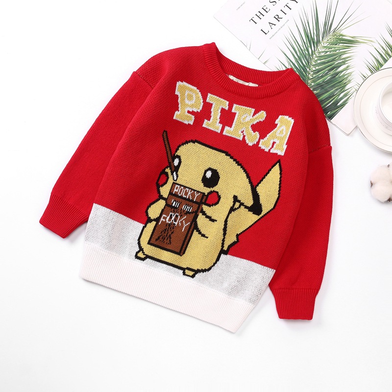 儿童毛衣纯棉线针织卡通图案皮卡丘加厚男女童秋冬新款毛衣