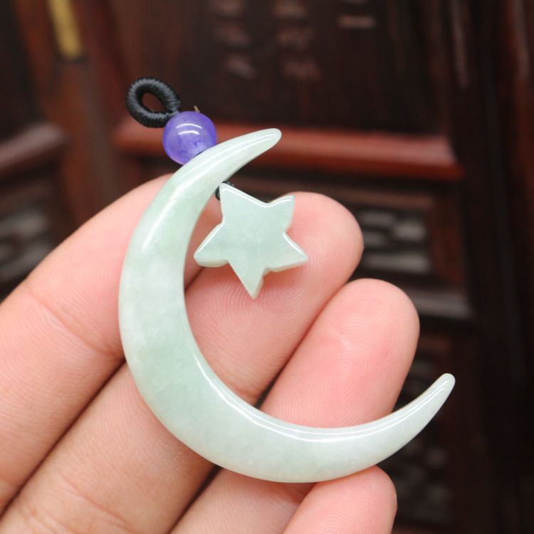 翡翠玉星星月亮天然玉石吊坠 星月相伴女士款挂件毛衣链饰品配饰