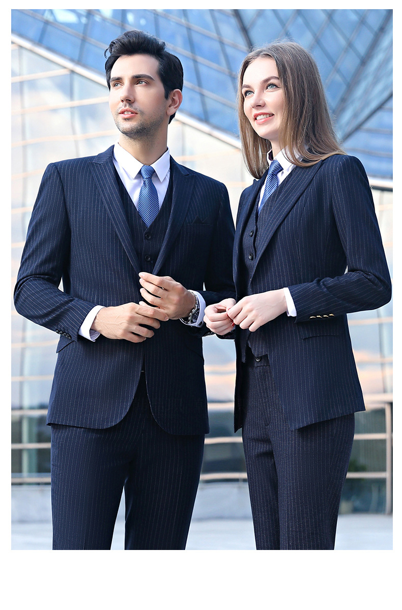 男女职业装同款蓝条纹西装套装女灰条酒店经理工作服商务西服