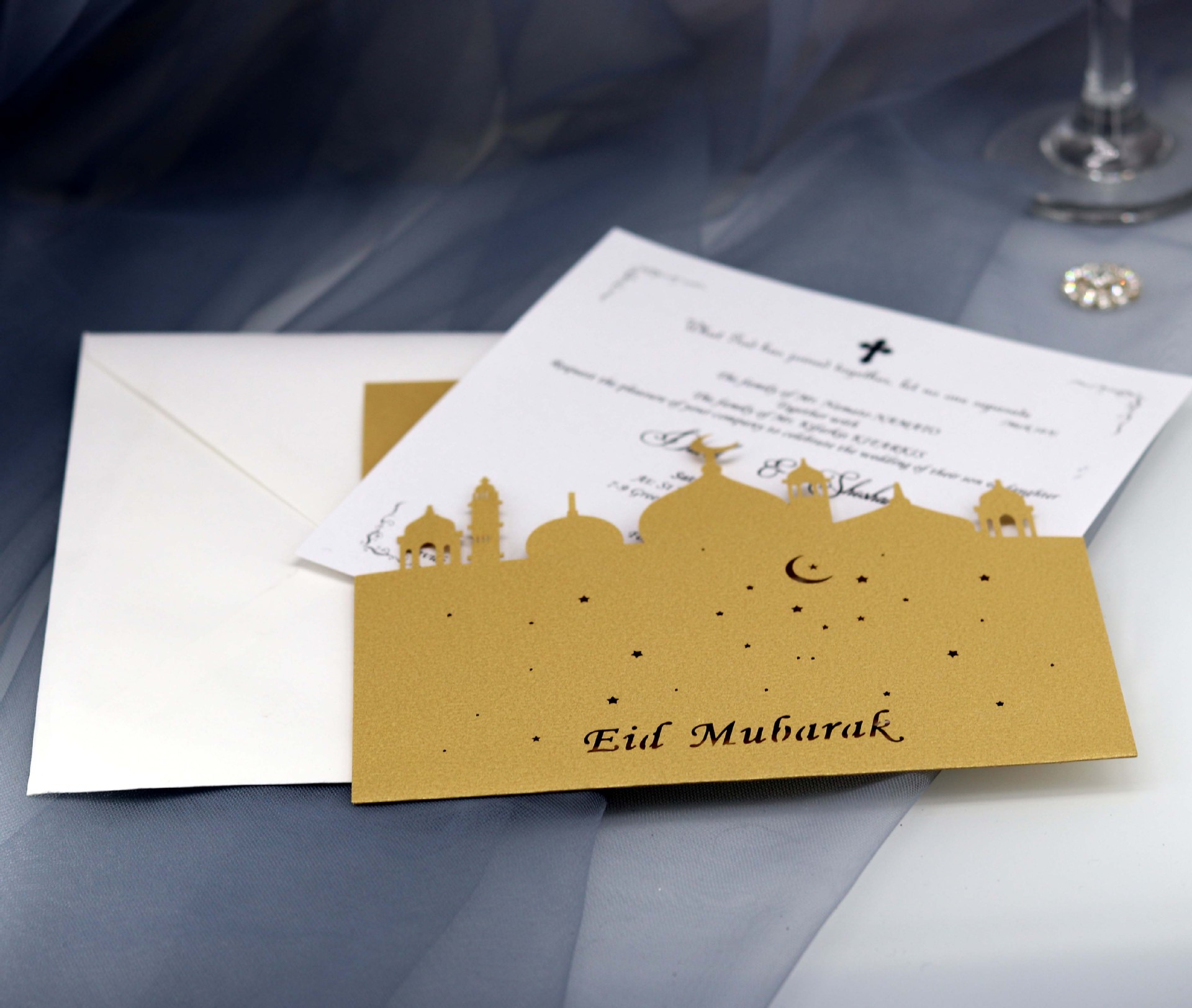漂亮eid 斋月节镭射镂空 米金色祝福贺卡开斋节星星月亮邀请函