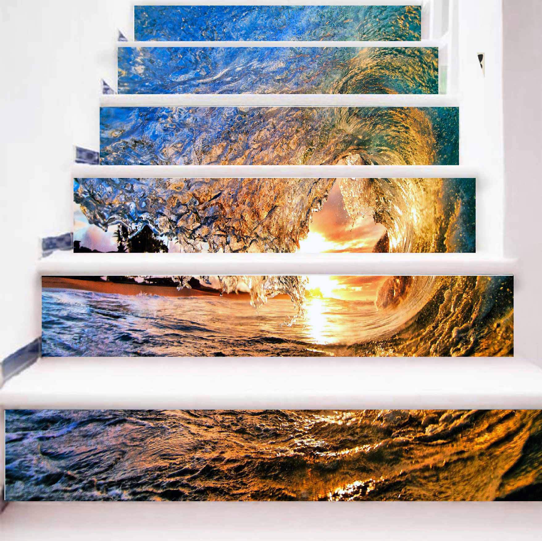 lt014外贸新款楼梯贴纸海浪 波浪 3d装饰台阶贴 地贴自粘墙贴