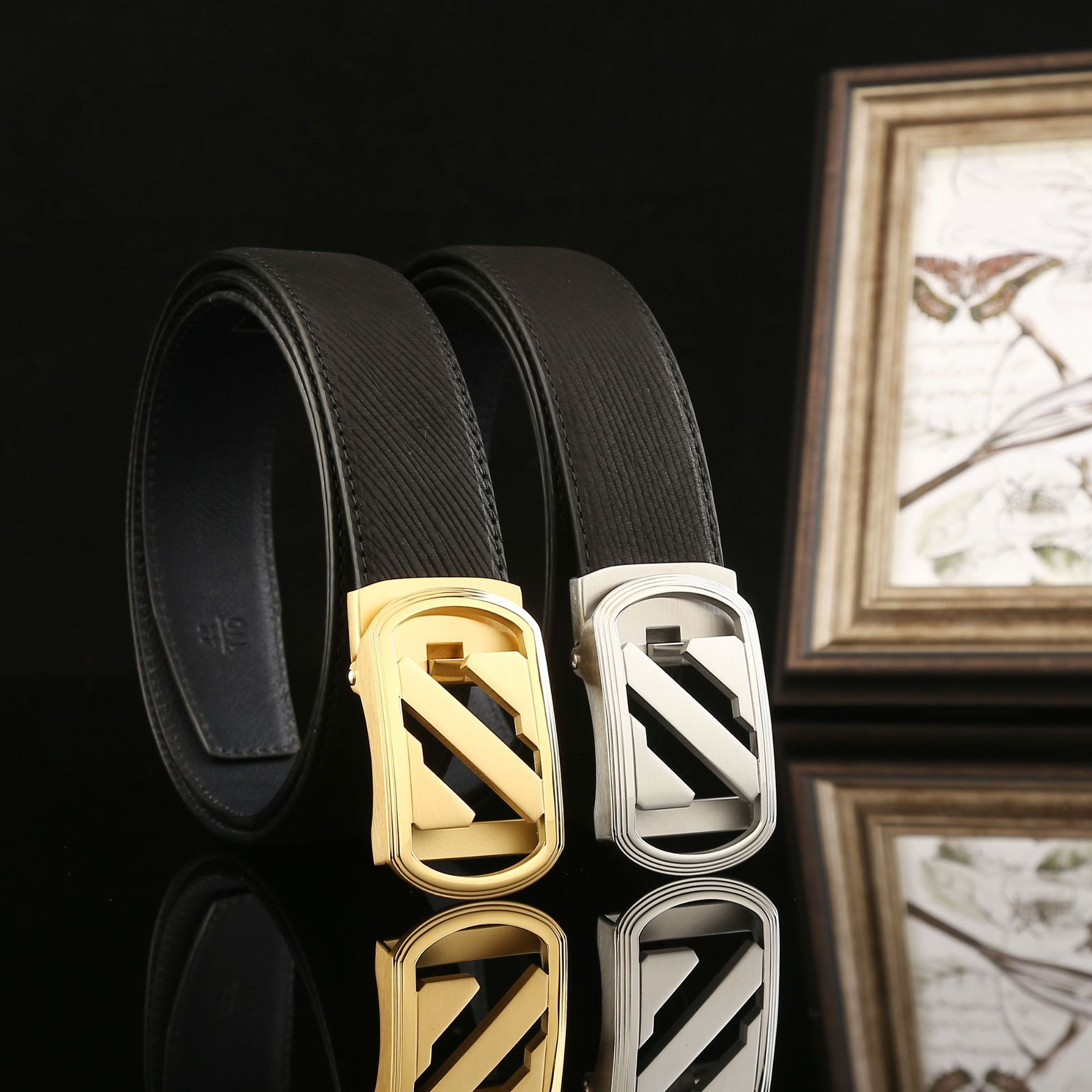 5男士不锈钢自动扣皮带 黑色头层水波纹牛皮腰带 高档真皮皮带