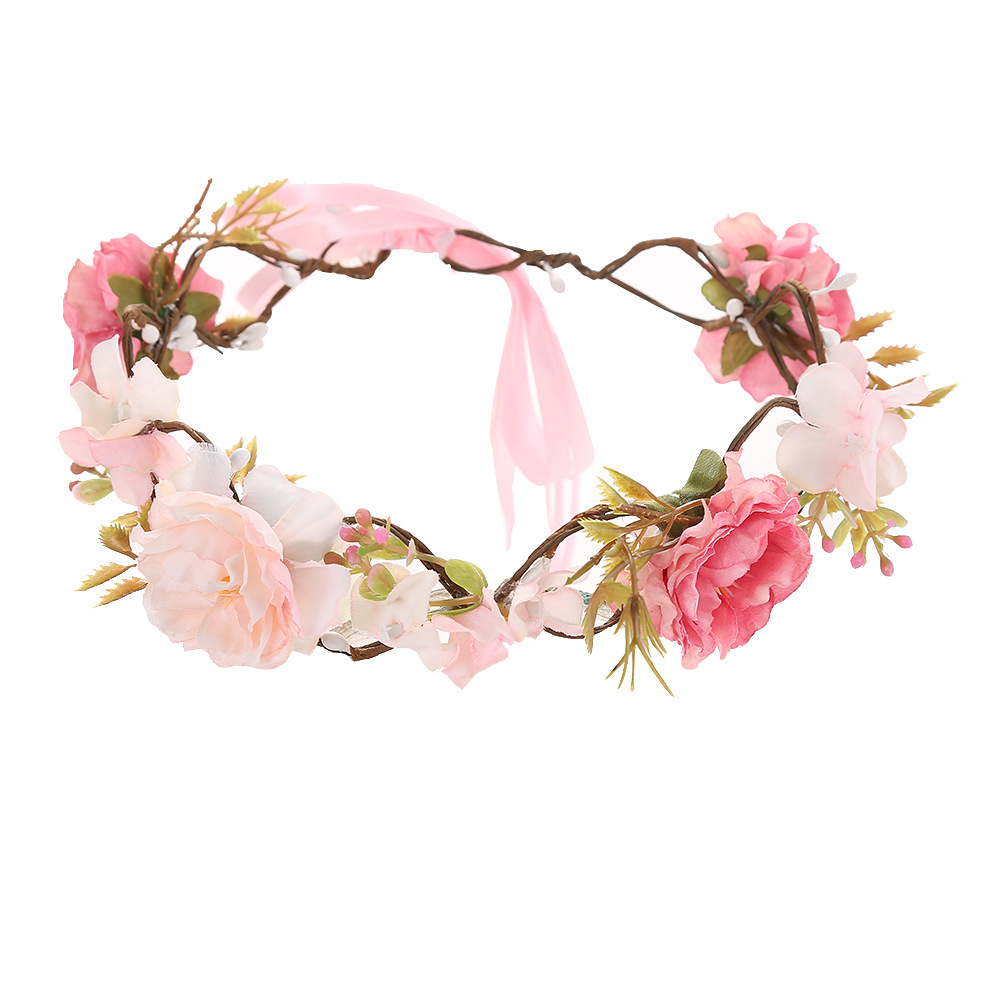新娘头饰新款花环海边沙滩度假婚礼粉色头花环森系玫瑰发箍现货