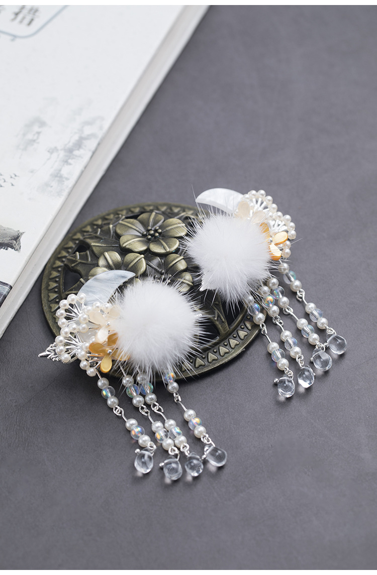 现货原创手工古风汉服配饰少女毛球月亮发夹流苏对夹古装头饰