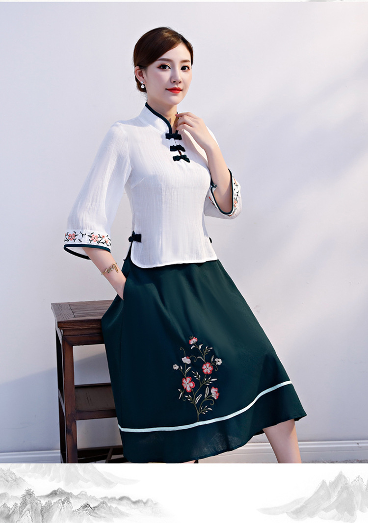 21年春夏新款民族风刺绣改良旗袍套裙中国风复古棉麻传统旗袍裙女