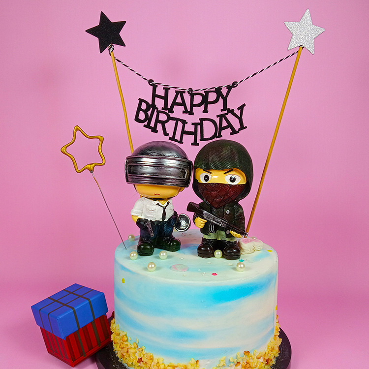 吃鸡蛋糕装饰摆件 游戏主题大吉大利晚上吃鸡q版蛋糕插旗手办公仔