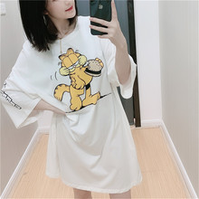 慵懒风休闲chic短袖T恤~卡通加菲猫印花 减龄宽松大码中长款t恤裙