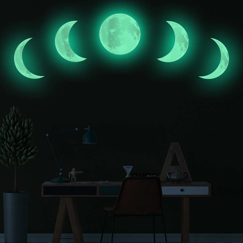 创意银色夜光月球月相变化绿光蓝光月亮墙贴外贸.pvc贴纸