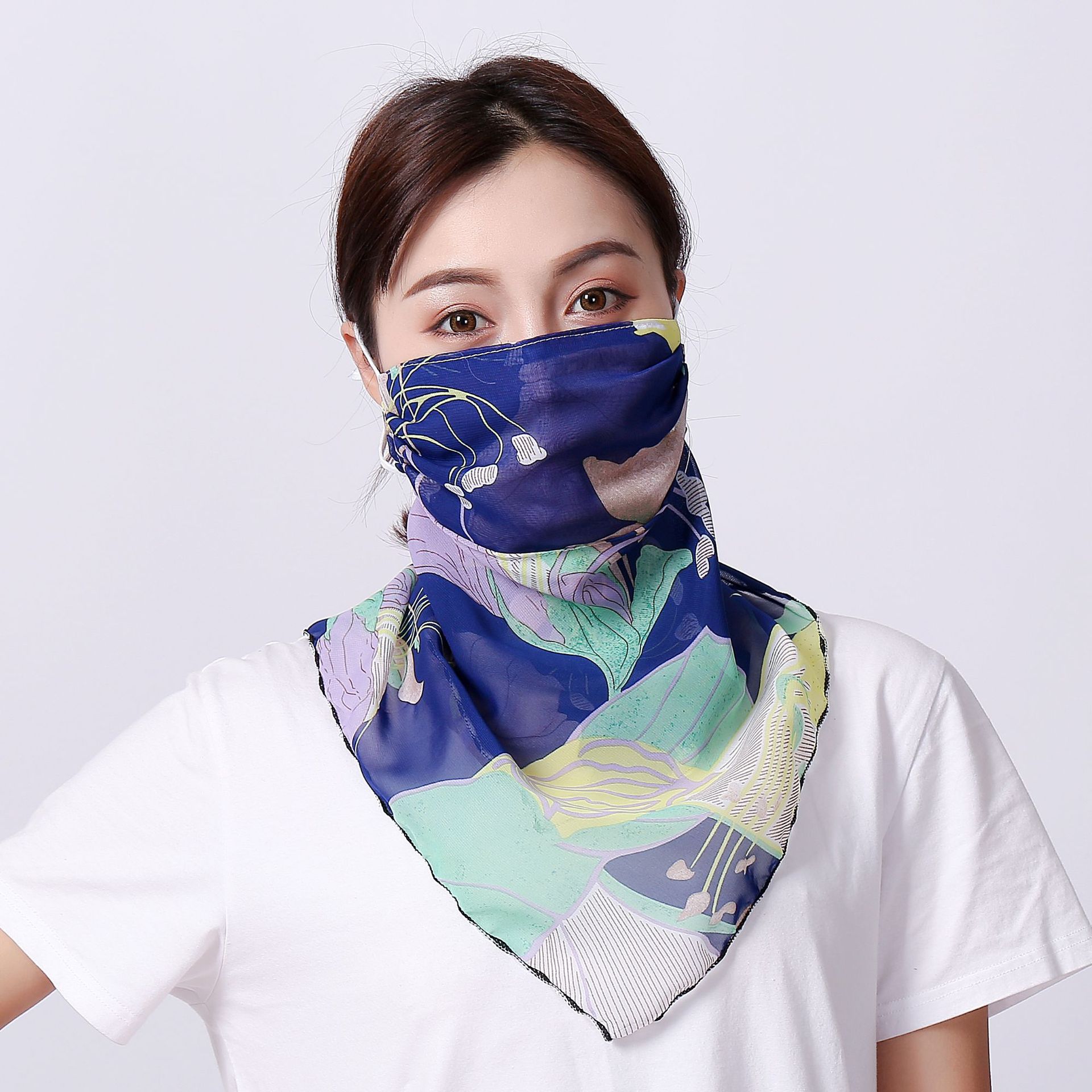 春夏两用防晒护颈遮脸面纱女开车围脖小方丝巾面罩紫外线透气口罩