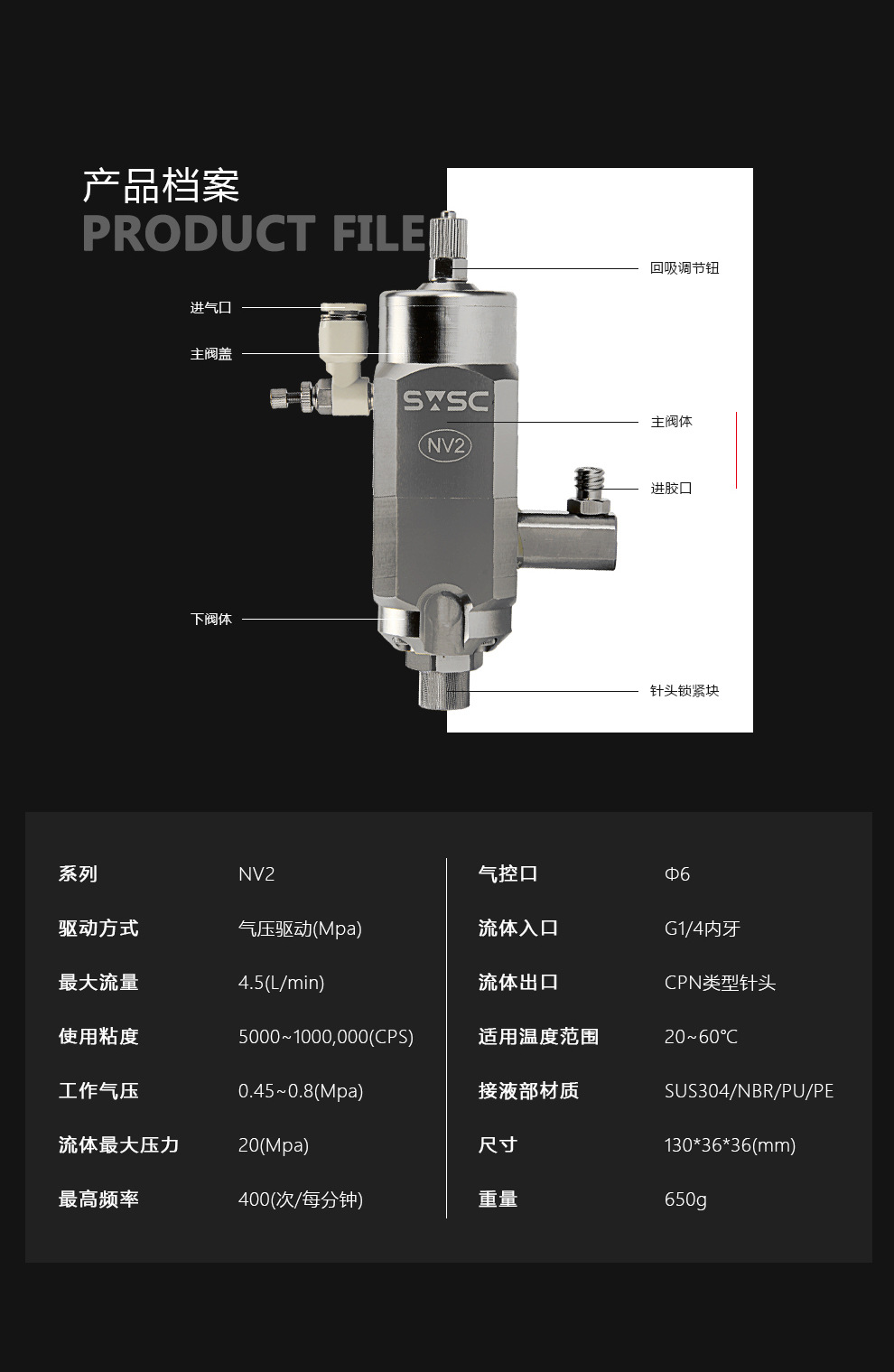 高粘度回吸点胶阀 适用于高粘度胶水回吸量可调 可耐20mpa swsc