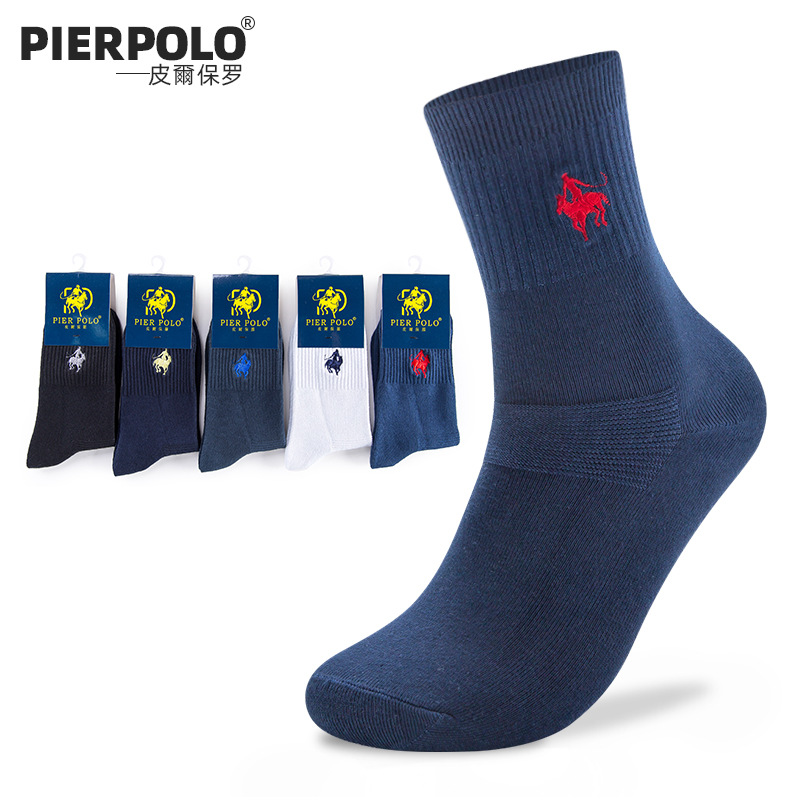 Pierpolo Double Needle Cotton Socks Men's Cotton Socks Embroidery Men's Socks Solid Color Socks Sweat-Absorbent Breathable Mid-Calf Socks Wholesale