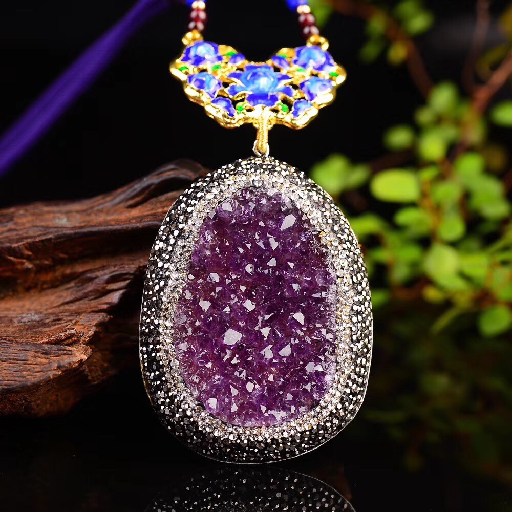 天然 紫水晶 紫晶簇吊坠女款 乌拉圭 男项坠 情侣款毛衣链 饰品