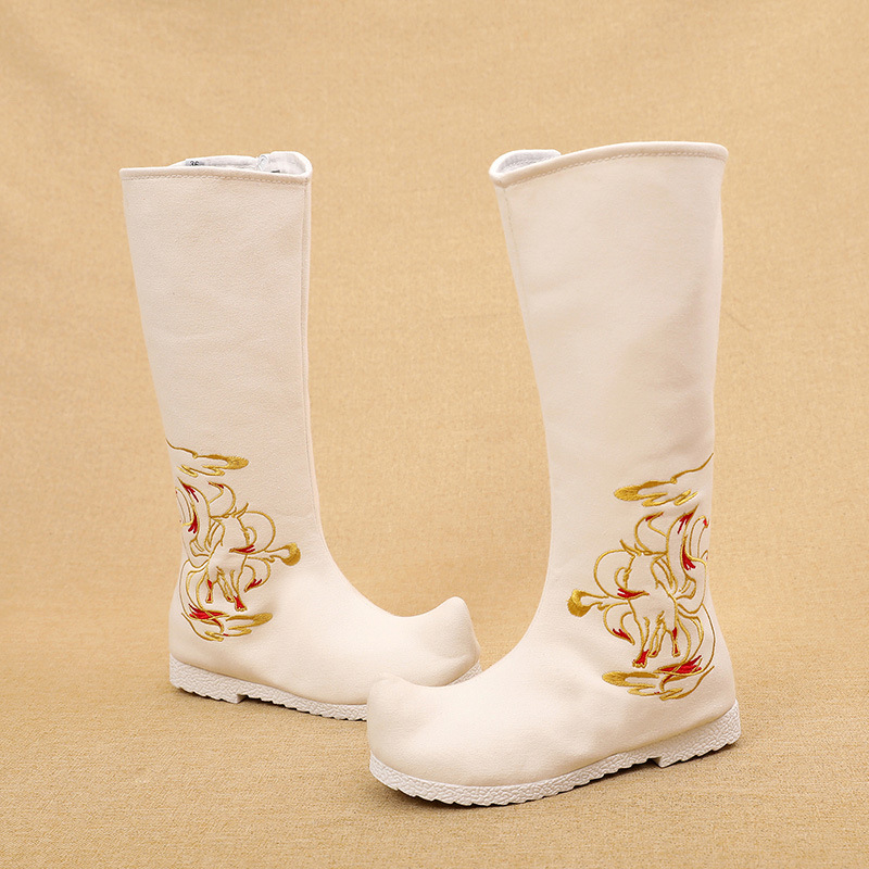 秋冬新款汉服靴子女民族风鞋配圆领袍古装靴翘头长靴侧拉链布靴