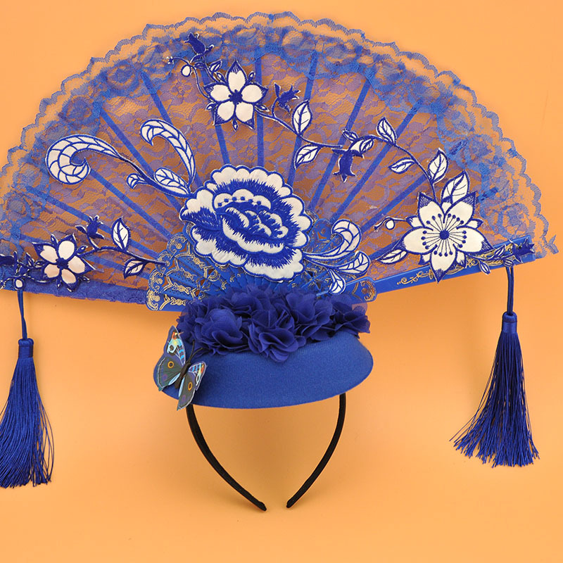 中国古风青花瓷系列创意头饰走秀模特比赛夸张头饰彩妆造型发饰品