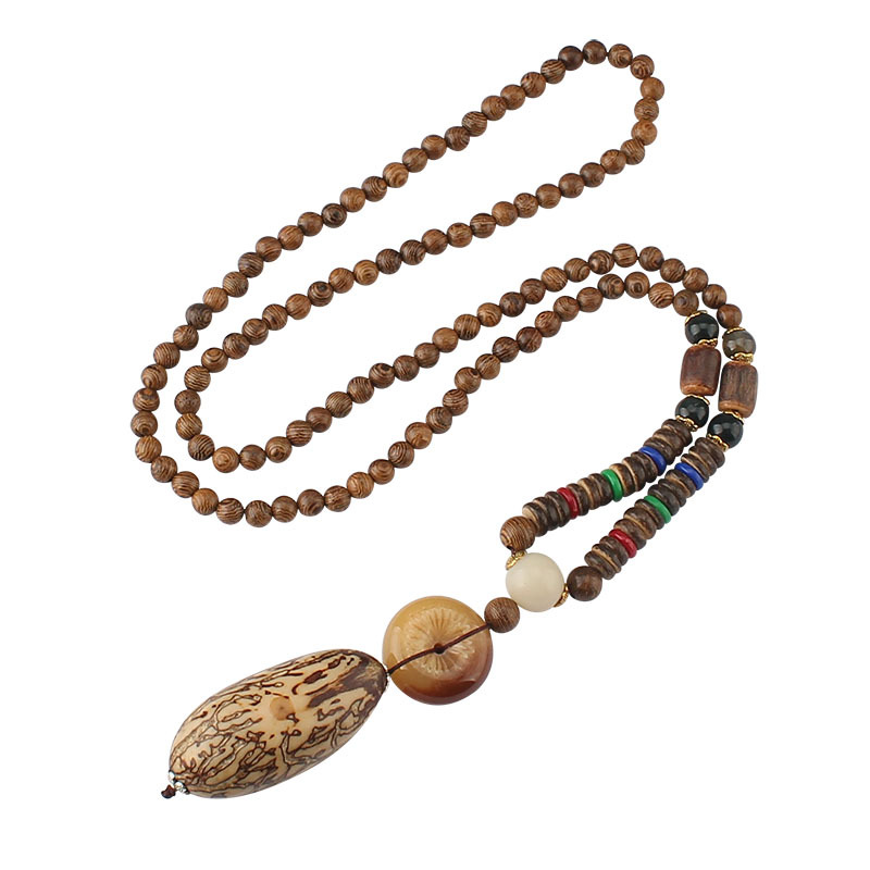 Retro Ethnic Style Wooden Wooden Bead Bodhi Pendant Long Sweater Chain Men and Women Rosary Necklace Accessory