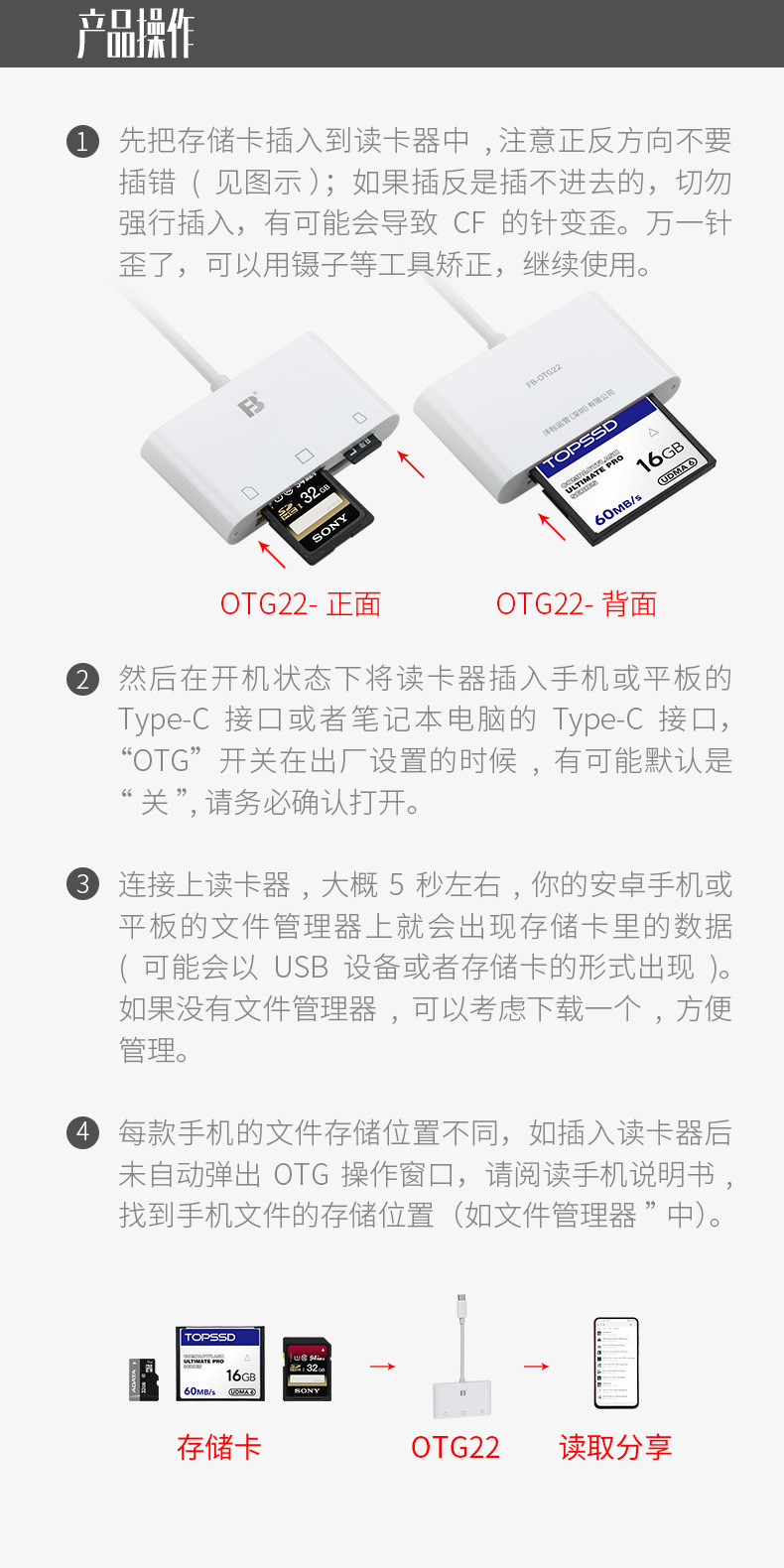 沣标otg22华为手机读卡器sd/tf/cf内存卡安卓type-c读卡器