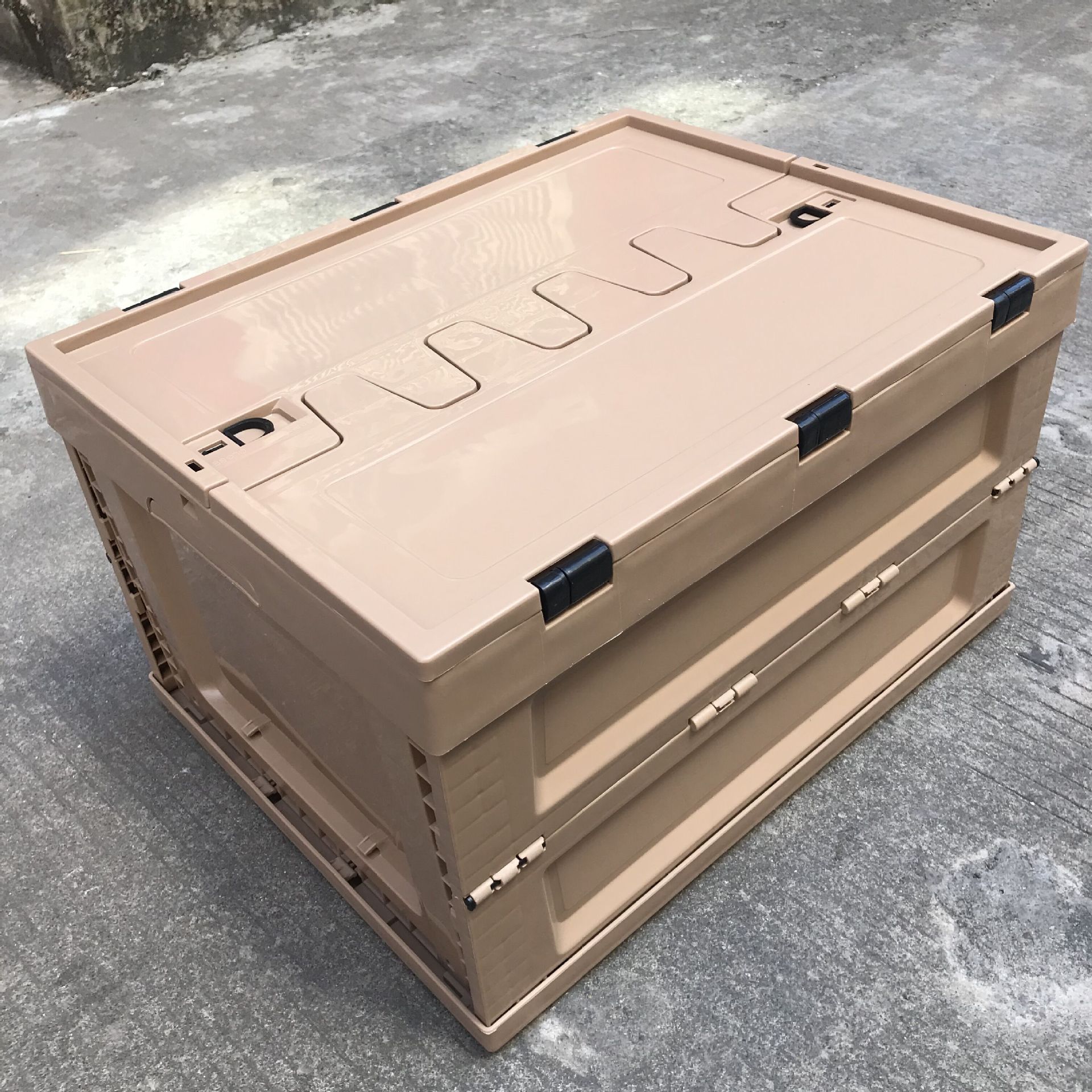 加厚卡其色折叠箱530*410*310翻盖折叠箱 折叠式eu塑料周转箱