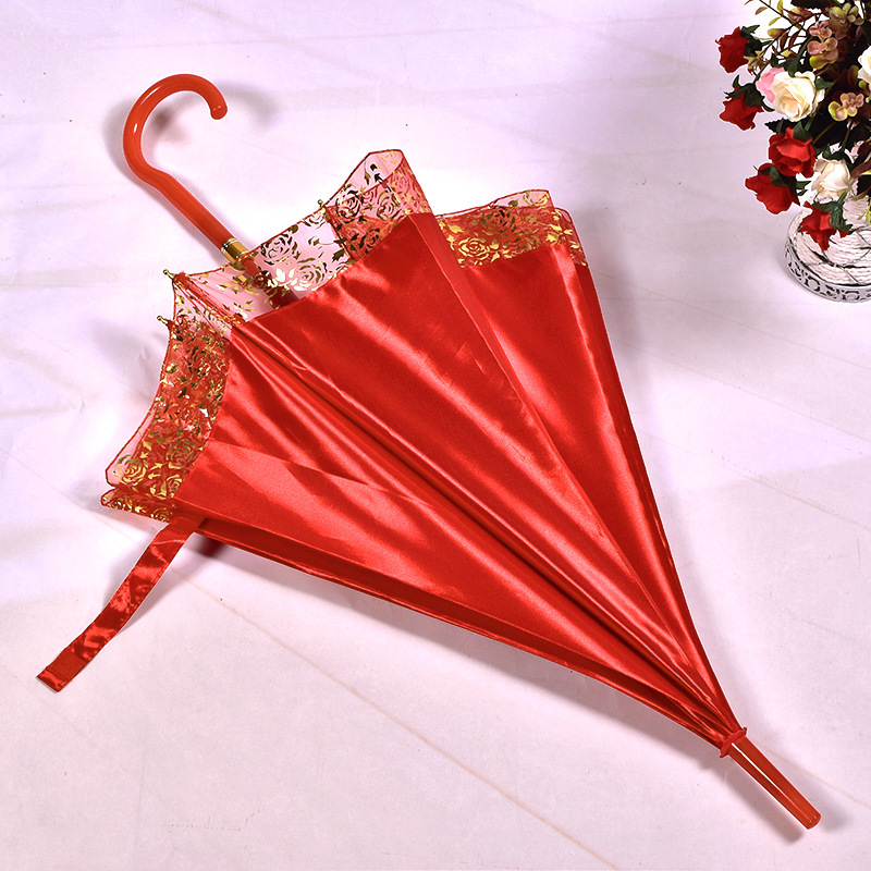 Spot Wedding, Marriage Umbrella Lace Bride Red Umbrella Festive Bridesmaid Long Handle Wedding Straight Rod Red Bronzing Umbrella Factory