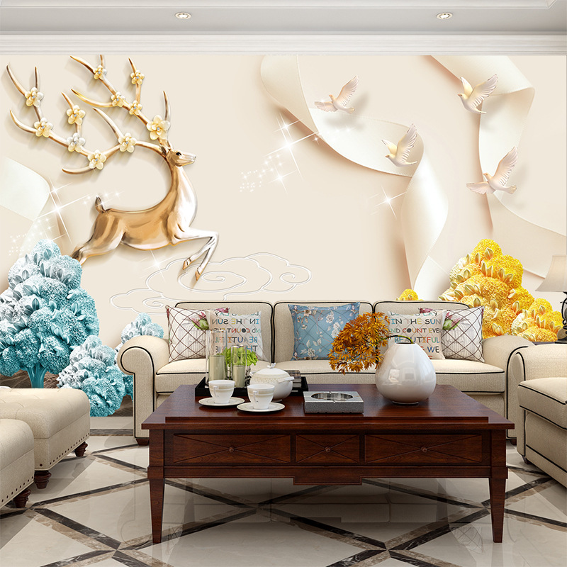 定制8d立体浮雕现代简约北欧麋鹿森林电视背景墙壁纸无缝壁画墙布