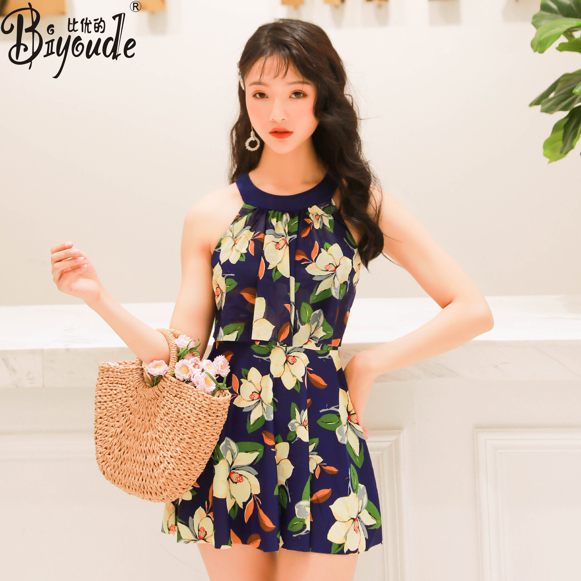 韩国ins连体泳衣女士保守裙式平角学生小清新遮肚显瘦温泉游泳装